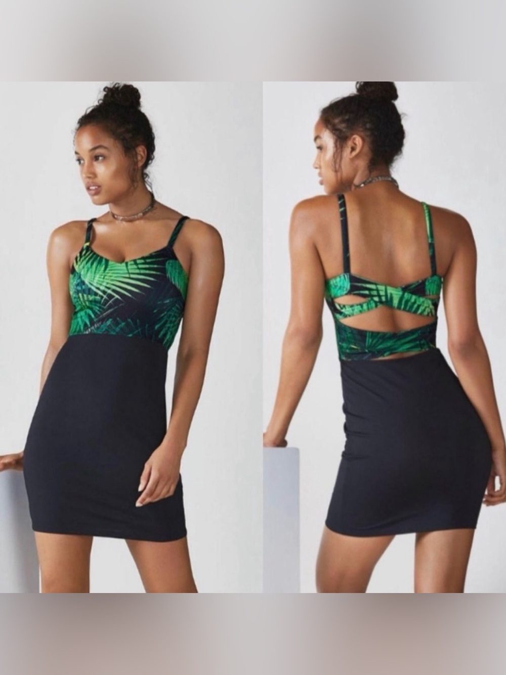 Fabletics Black Bodycon Dress with Green Palm-Print Bodice